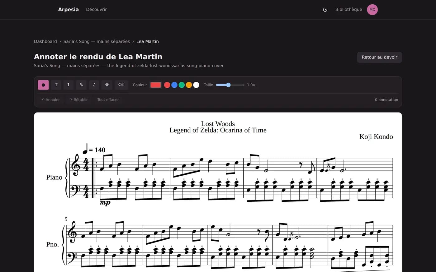 Un professeur annote le rendu d'un élève directement sur la partition dans Arpesia