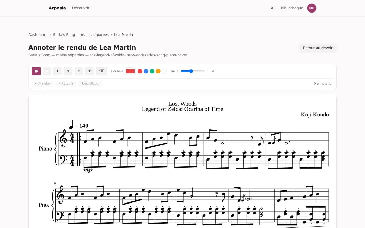Un professeur annote le rendu d'un élève directement sur la partition dans Arpesia